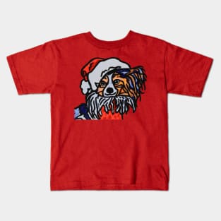 Papillon Dog Santa over Red Kids T-Shirt